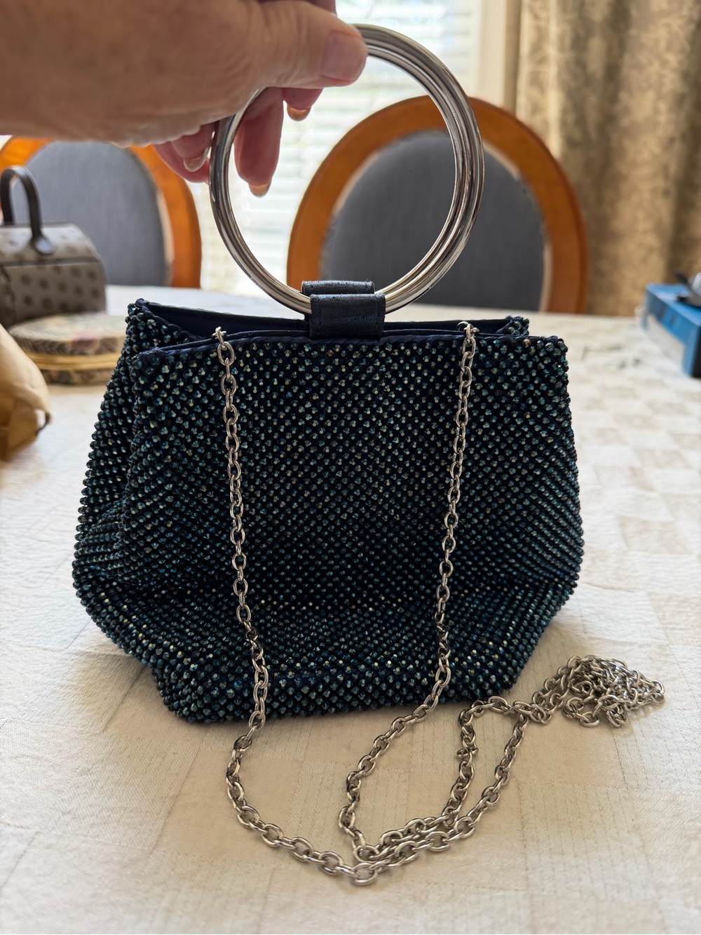 Beaded Navy Evening Clutch with Silver Ring Handles